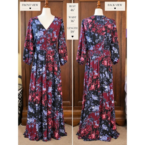 City Chic Dresses & Skirts - City Chic Floral Maxi Dress Burgundy Blue Black Smocked Waist V-Neck Size 16